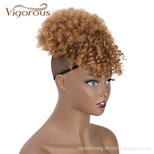 Vigorous High Quality Cheap Price Kinky Curly Updo Hairpieces Fluffy Chignon With Bang For Black Women Synthetic Afro Hair Bun